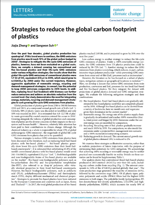 Strategies to reduce the global carbon footprint of plastics